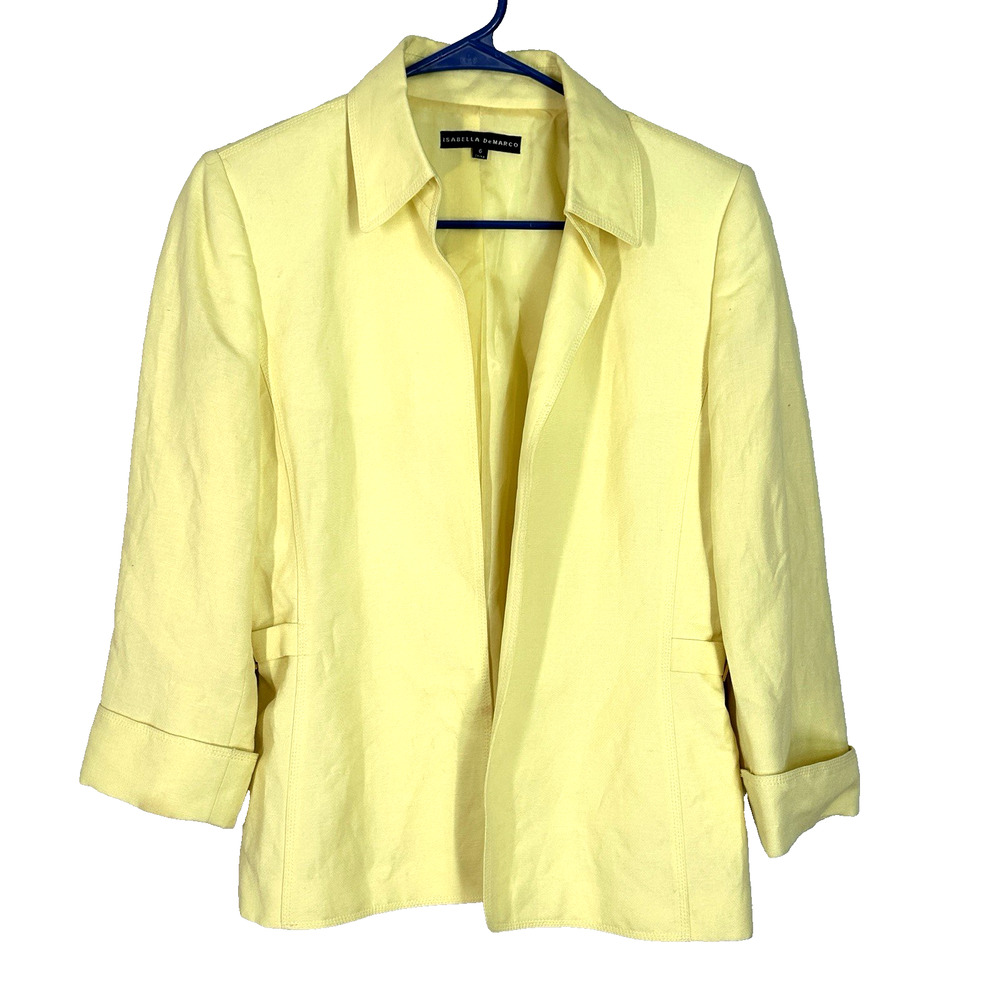 Isabella DeMarco Jacket 6 Yellow Linen Blend Open Front 3/4 Cuff Sleeve Buckles